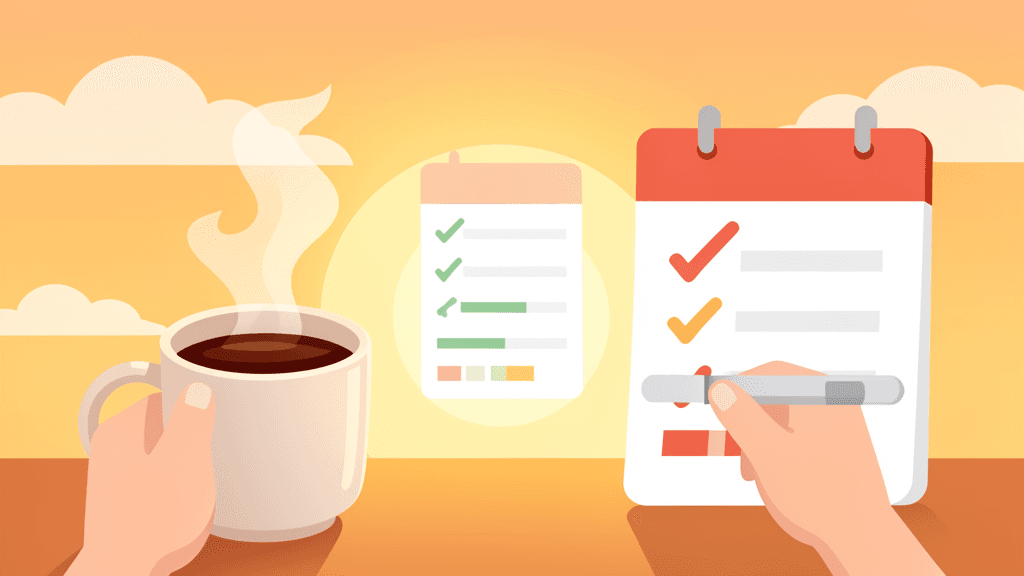 Illustration sans texte d’une routine du matin avec café, checklist et progression visuelle