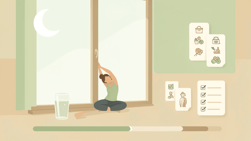 Illustration sans texte d’une routine santé bien-être avec étirement, eau et cartes d’habitudes