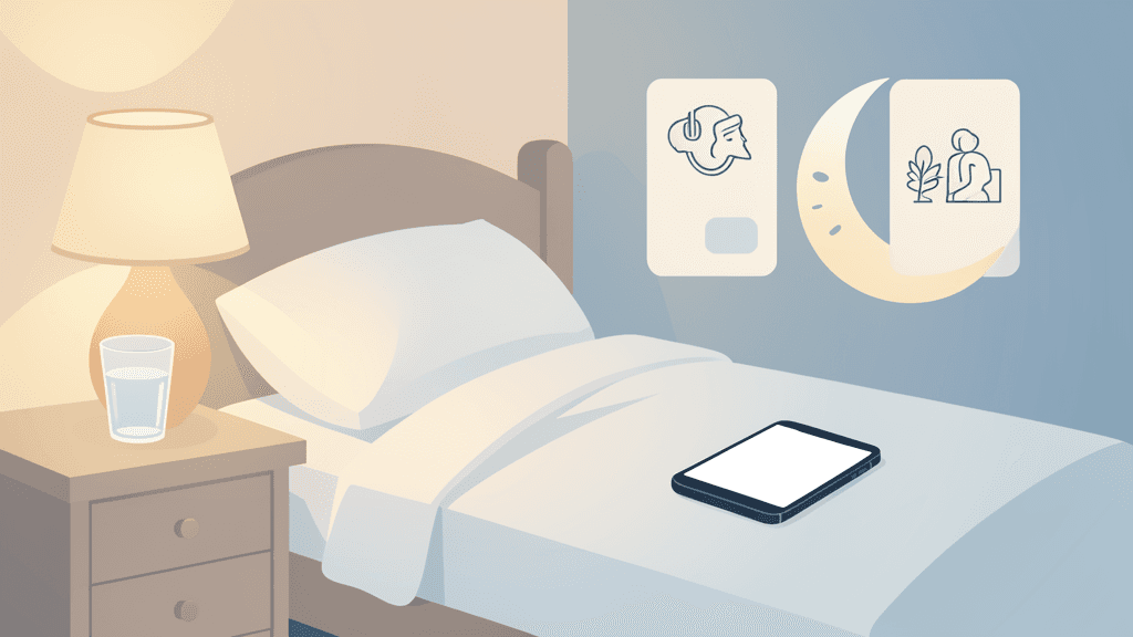 Illustration sans texte d’une chambre calme avec téléphone éloigné du lit, lampe et eau