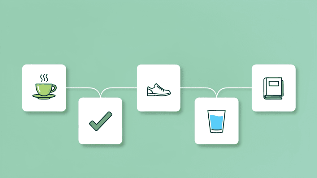 Illustration sans texte de cartes d’habitudes connectées avec café, chaussures, livre, eau et validation