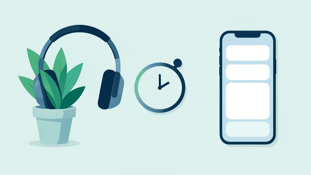 Illustration sans texte d’un espace de travail calme avec minuteur, casque, plante et téléphone à cartes vierges