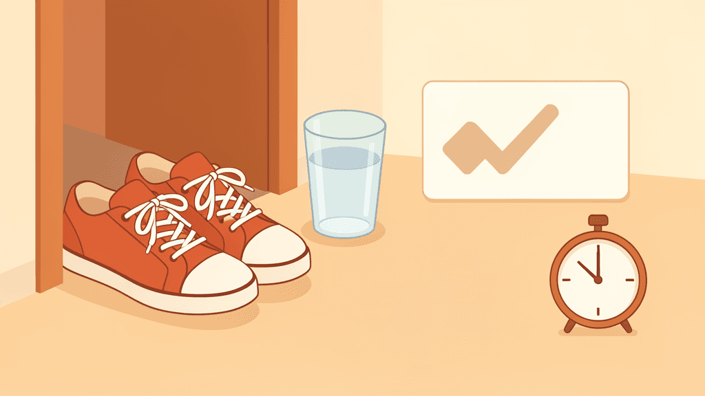 Illustration sans texte de chaussures, verre d’eau et minuteur pour démarrer une petite habitude