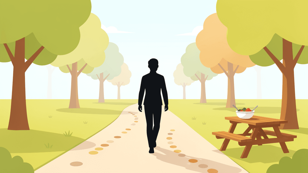 Illustration sans texte d’une personne marchant sur un chemin après un repas dans un parc