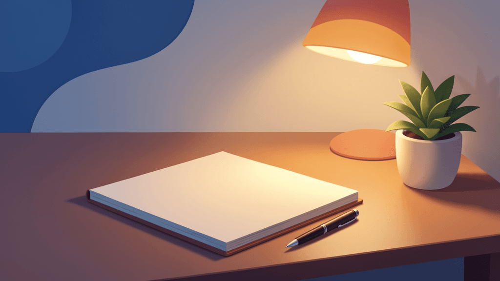 Illustration sans texte d’un carnet vierge sur un bureau calme le soir, avec une lampe chaude et une plante